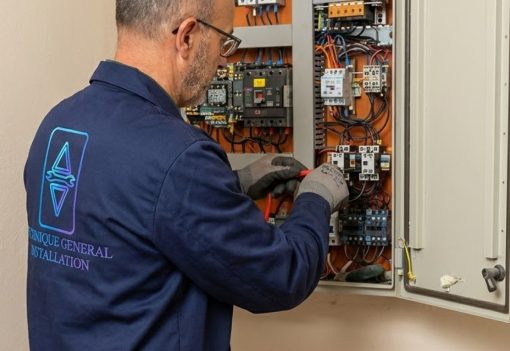 Technicien TGI intervenant sur une armoire de commande d'ascenseur
